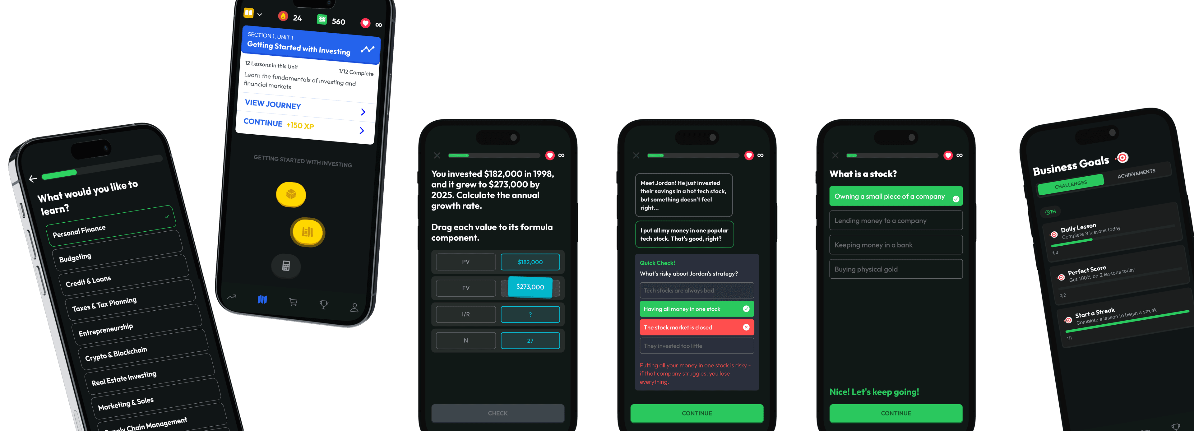 App screenshots showing financial learning interface