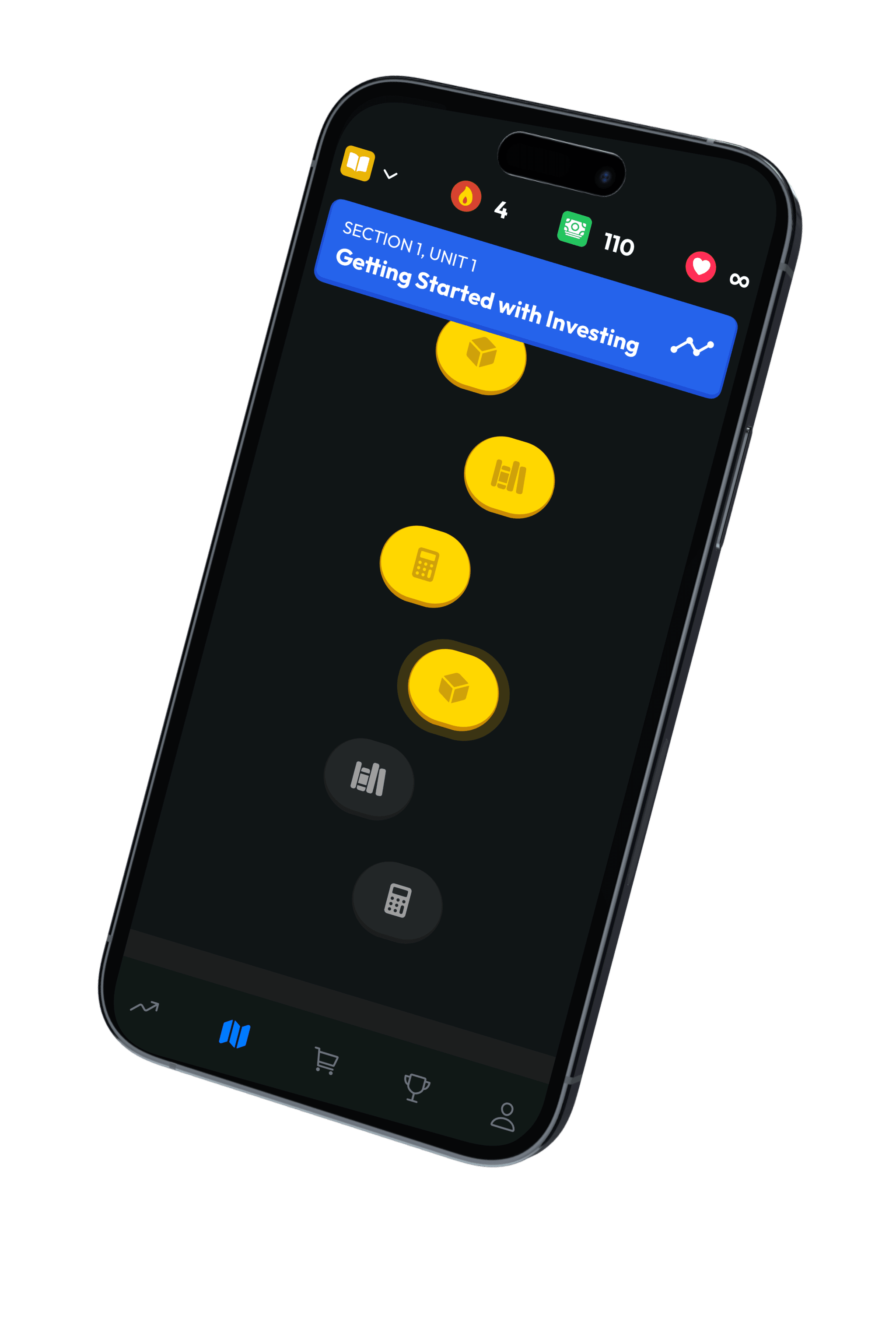 App interface showing financial learning modules